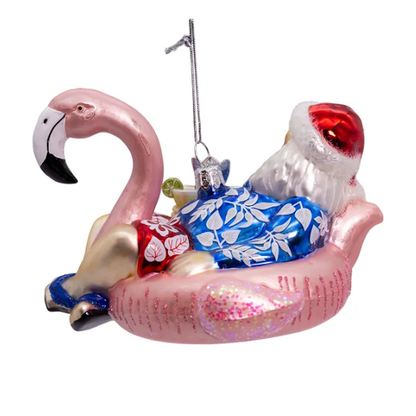 Santa in Flamingo Pool Float Glass Ornament