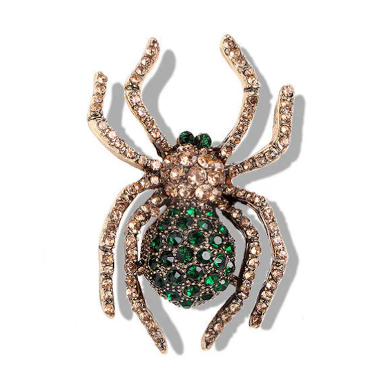 Rhinestone Spider Brooch-Brown and Green
