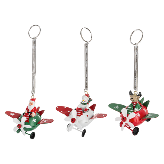 Santa, Snowman or Reindeer in Airplane Ornament-Assorted, each sold separately