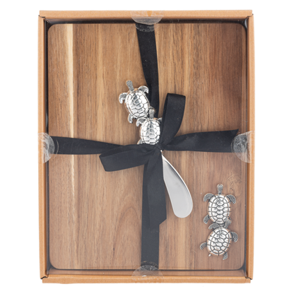 Silver Sea Turtles Wood Cutting Board and Spreader Gift Set