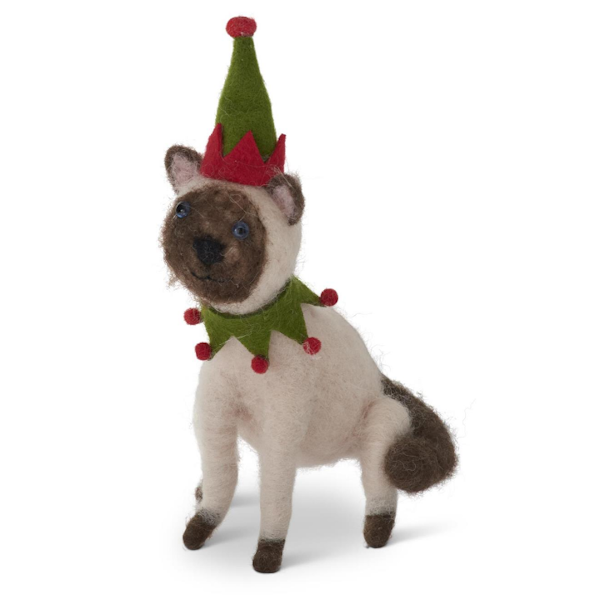 Wool Siamese Cat with Red & Green Hat and Collar-Ornament