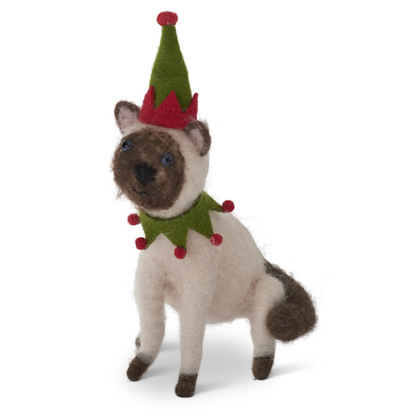 Wool Siamese Cat with Red & Green Hat and Collar-Ornament