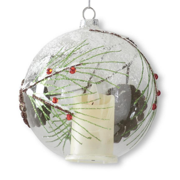 Hand-Painted Snowy Glittered Pine & Pinecone LED Flicker Candle Globe