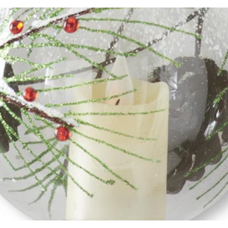 Hand-Painted Snowy Glittered Pine & Pinecone LED Flicker Candle Globe