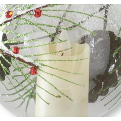 Hand-Painted Snowy Glittered Pine & Pinecone LED Flicker Candle Globe
