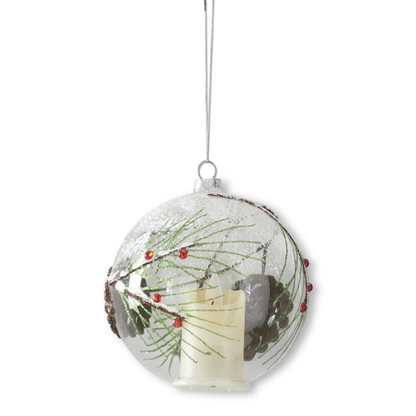 Hand-Painted Snowy Glittered Pine & Pinecone LED Flicker Candle Globe