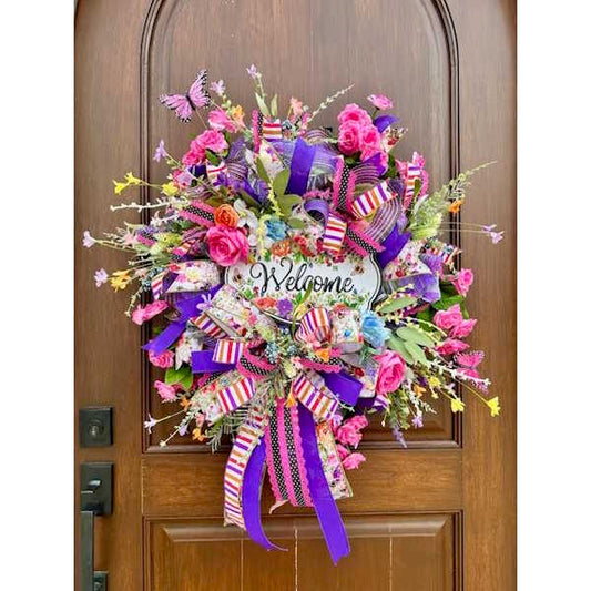 Spring Floral "Welcome" Wreath, Handmade