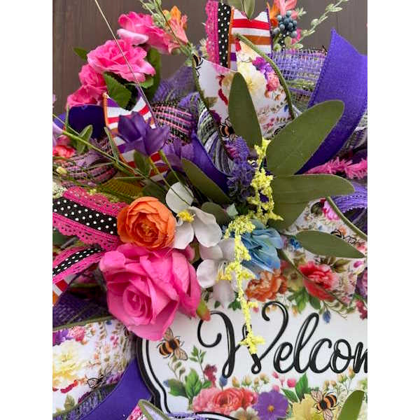 Spring Floral "Welcome" Wreath, Handmade