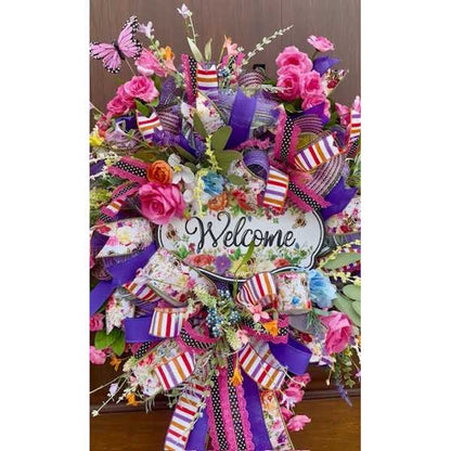 Spring Floral "Welcome" Wreath, Handmade