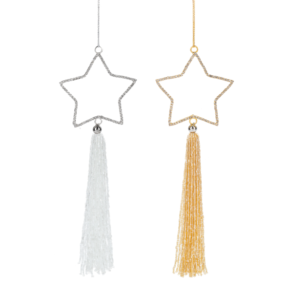 Rhinestone Star with Beaded Tassel Ornament-Silver or Gold, each sold separately