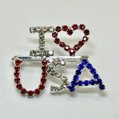 I Love USA Rhinestone Brooch Pin