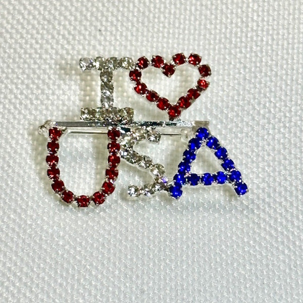 I Love USA Rhinestone Brooch Pin