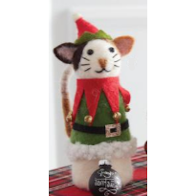 Wool Calico Cat in Red & Green Elf Suit-Ornament