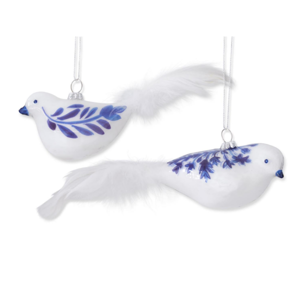 Blue and White Glass Bird Ornament with Feather Tails-Assorted, each sold separately