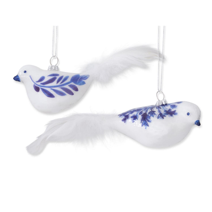 Blue and White Glass Bird Ornament with Feather Tails-Assorted, each sold separately