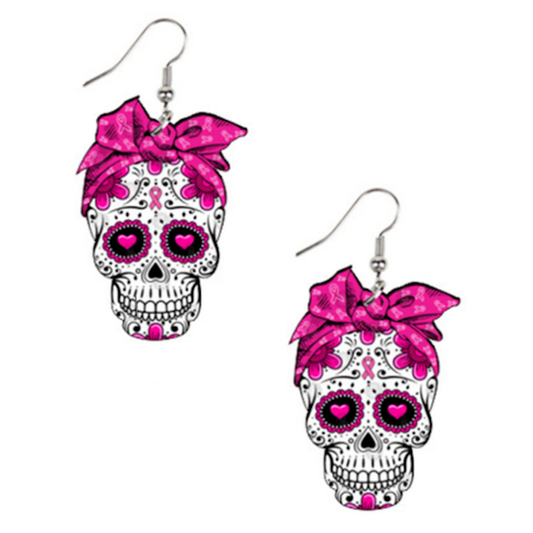 Floral Skull Earrings-Pink (w/Pink Breast Cancer Ribbon Logo)