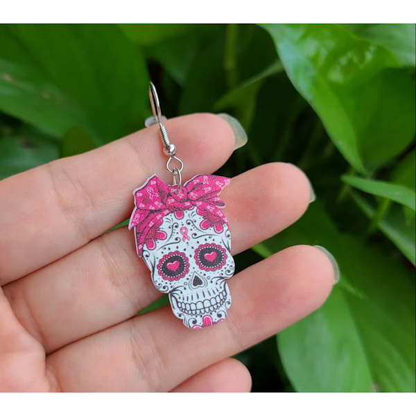 Floral Skull Earrings-Pink (w/Pink Breast Cancer Ribbon Logo)