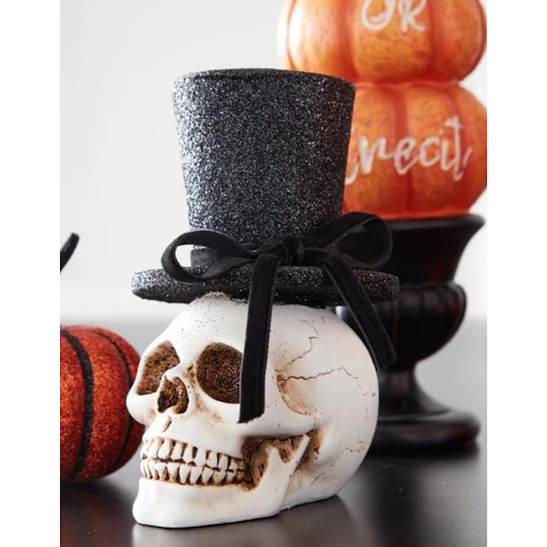 Decorative Skull w/Black Glittered Top Hat