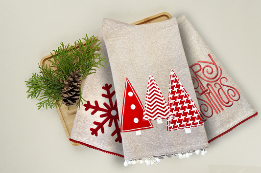 Taupe Embroidered Christmas Tea Towel